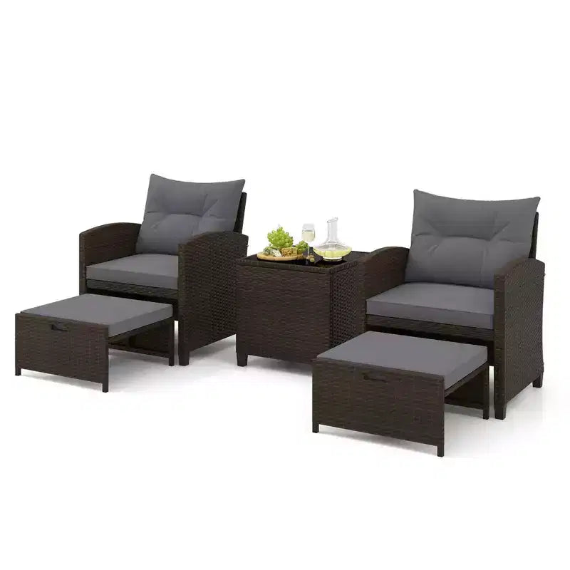 Costway Ensemble de Meubles de Patio en Rotin 5 Pièces avec 2 Ottomans et Table Basse en Verre Trempé Noir/Blanc Cassé/Bleu Marine/Rouge/Gris