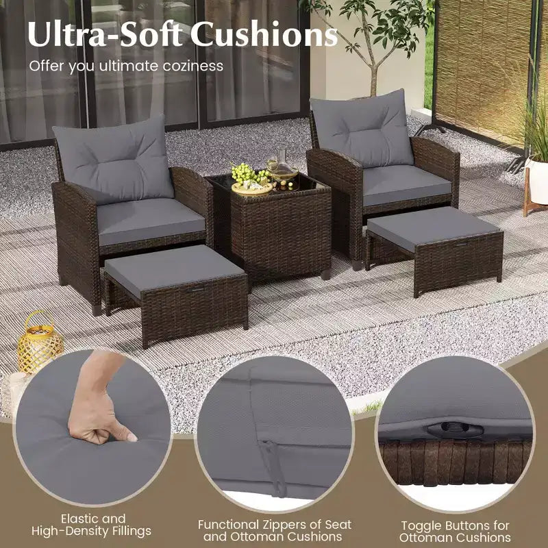 Costway Ensemble de Meubles de Patio en Rotin 5 Pièces avec 2 Ottomans et Table Basse en Verre Trempé Noir/Blanc Cassé/Bleu Marine/Rouge/Gris