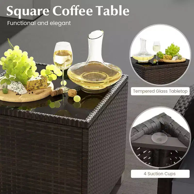 Costway Ensemble de Meubles de Patio en Rotin 5 Pièces avec 2 Ottomans et Table Basse en Verre Trempé Noir/Blanc Cassé/Bleu Marine/Rouge/Gris