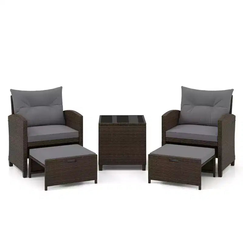 Costway Ensemble de Meubles de Patio en Rotin 5 Pièces avec 2 Ottomans et Table Basse en Verre Trempé Noir/Blanc Cassé/Bleu Marine/Rouge/Gris