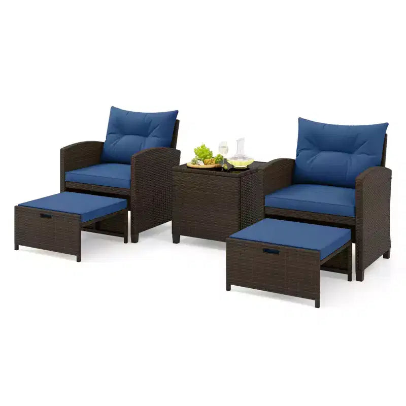 Costway Ensemble de Meubles de Patio en Rotin 5 Pièces avec 2 Ottomans et Table Basse en Verre Trempé Noir/Blanc Cassé/Bleu Marine/Rouge/Gris