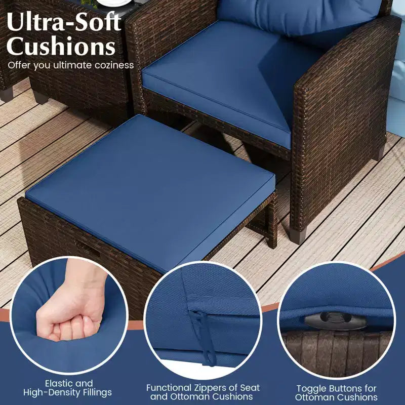 Costway Ensemble de Meubles de Patio en Rotin 5 Pièces avec 2 Ottomans et Table Basse en Verre Trempé Noir/Blanc Cassé/Bleu Marine/Rouge/Gris