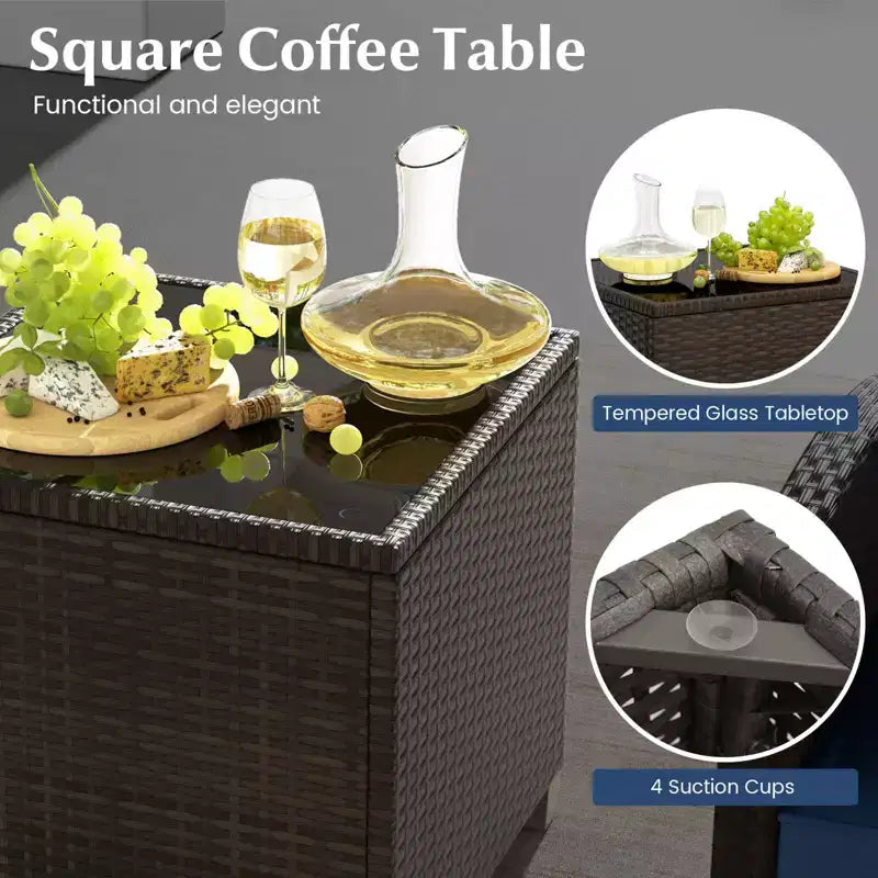 Costway Ensemble de Meubles de Patio en Rotin 5 Pièces avec 2 Ottomans et Table Basse en Verre Trempé Noir/Blanc Cassé/Bleu Marine/Rouge/Gris
