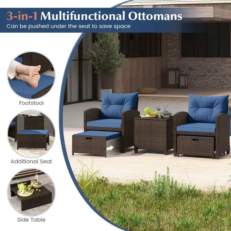 Costway Ensemble de Meubles de Patio en Rotin 5 Pièces avec 2 Ottomans et Table Basse en Verre Trempé Noir/Blanc Cassé/Bleu Marine/Rouge/Gris