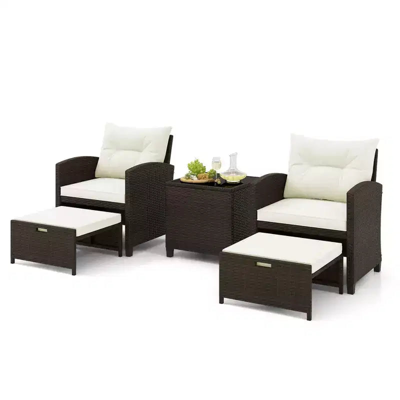 Costway Ensemble de Meubles de Patio en Rotin 5 Pièces avec 2 Ottomans et Table Basse en Verre Trempé Noir/Blanc Cassé/Bleu Marine/Rouge/Gris