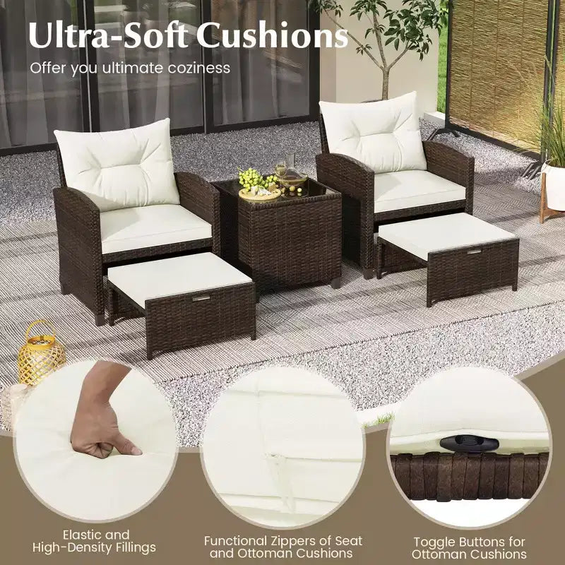 Costway Ensemble de Meubles de Patio en Rotin 5 Pièces avec 2 Ottomans et Table Basse en Verre Trempé Noir/Blanc Cassé/Bleu Marine/Rouge/Gris