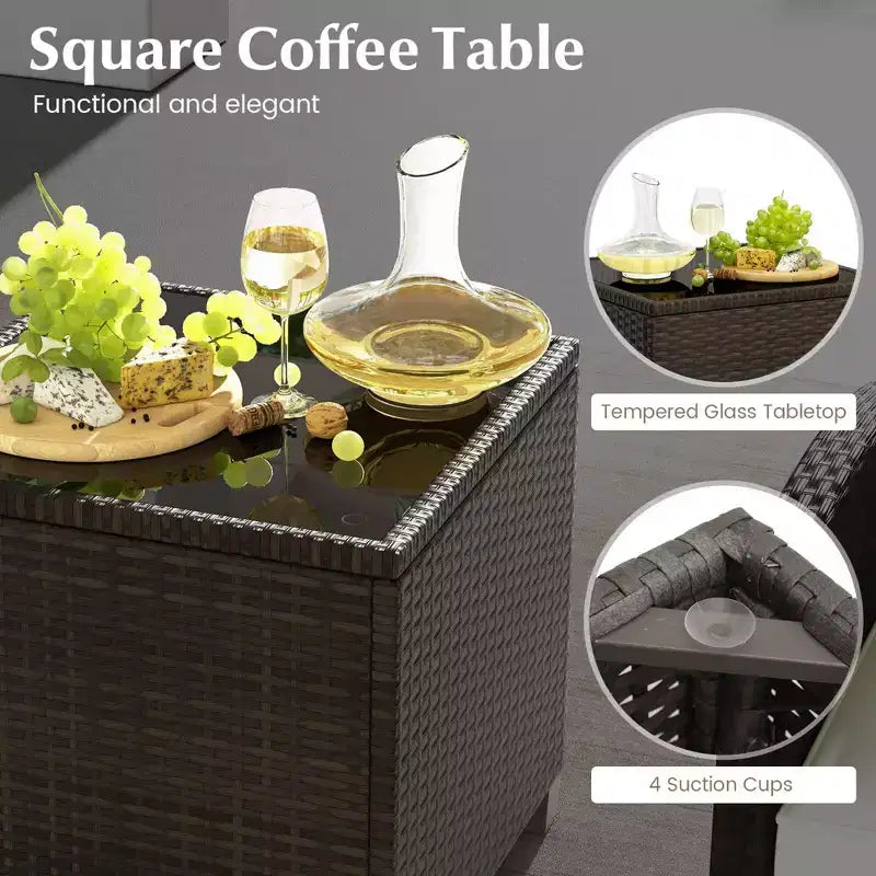 Costway Ensemble de Meubles de Patio en Rotin 5 Pièces avec 2 Ottomans et Table Basse en Verre Trempé Noir/Blanc Cassé/Bleu Marine/Rouge/Gris