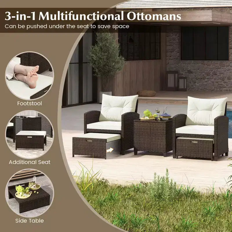 Costway Ensemble de Meubles de Patio en Rotin 5 Pièces avec 2 Ottomans et Table Basse en Verre Trempé Noir/Blanc Cassé/Bleu Marine/Rouge/Gris