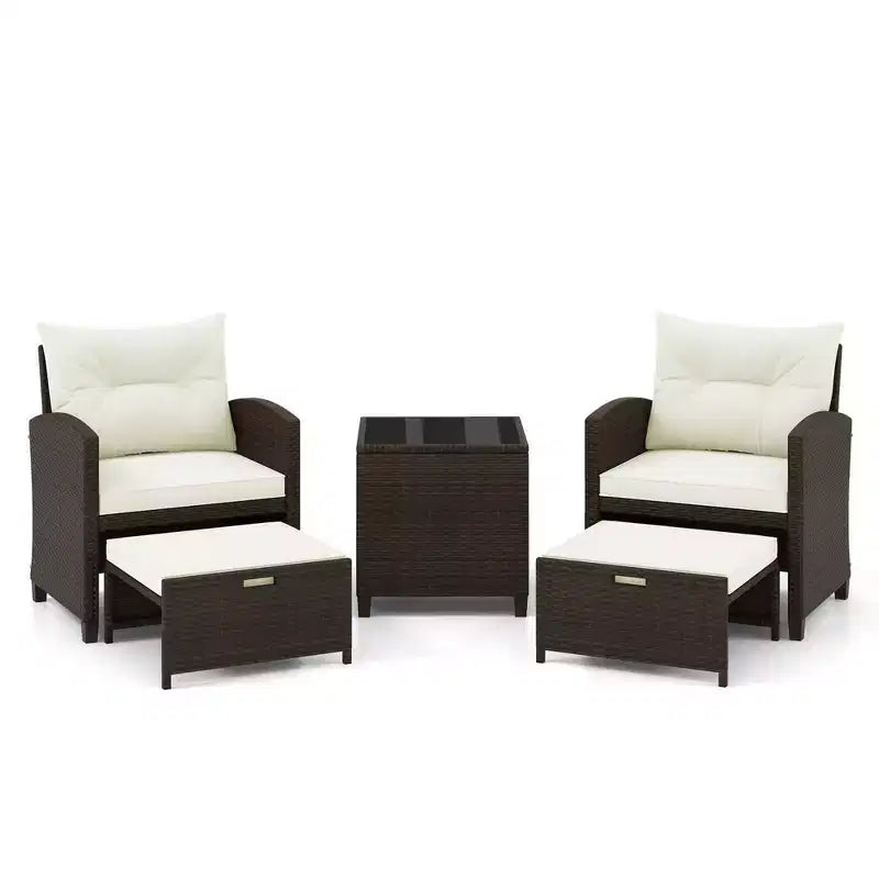 Costway Ensemble de Meubles de Patio en Rotin 5 Pièces avec 2 Ottomans et Table Basse en Verre Trempé Noir/Blanc Cassé/Bleu Marine/Rouge/Gris