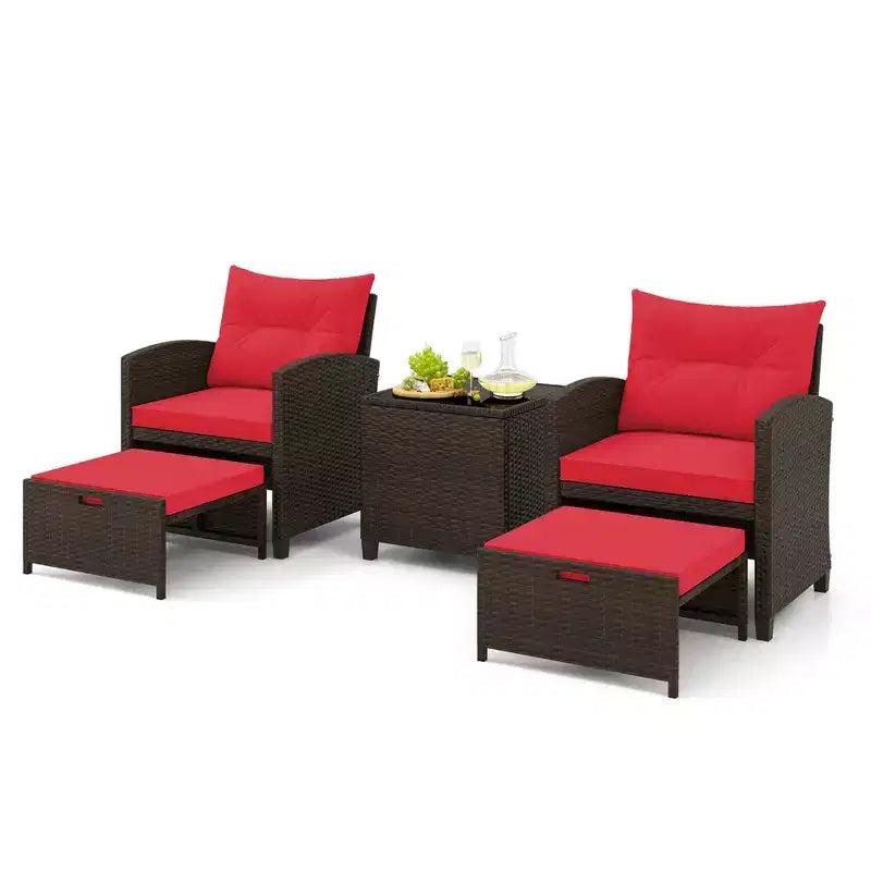 Costway Ensemble de Meubles de Patio en Rotin 5 Pièces avec 2 Ottomans et Table Basse en Verre Trempé Noir/Blanc Cassé/Bleu Marine/Rouge/Gris