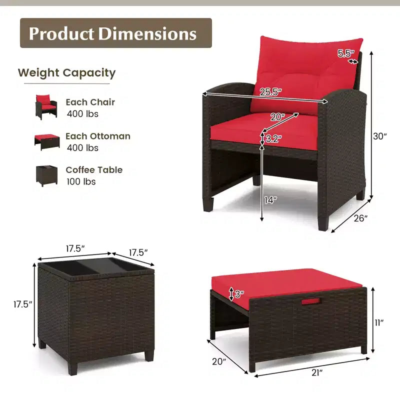 Costway Ensemble de Meubles de Patio en Rotin 5 Pièces avec 2 Ottomans et Table Basse en Verre Trempé Noir/Blanc Cassé/Bleu Marine/Rouge/Gris