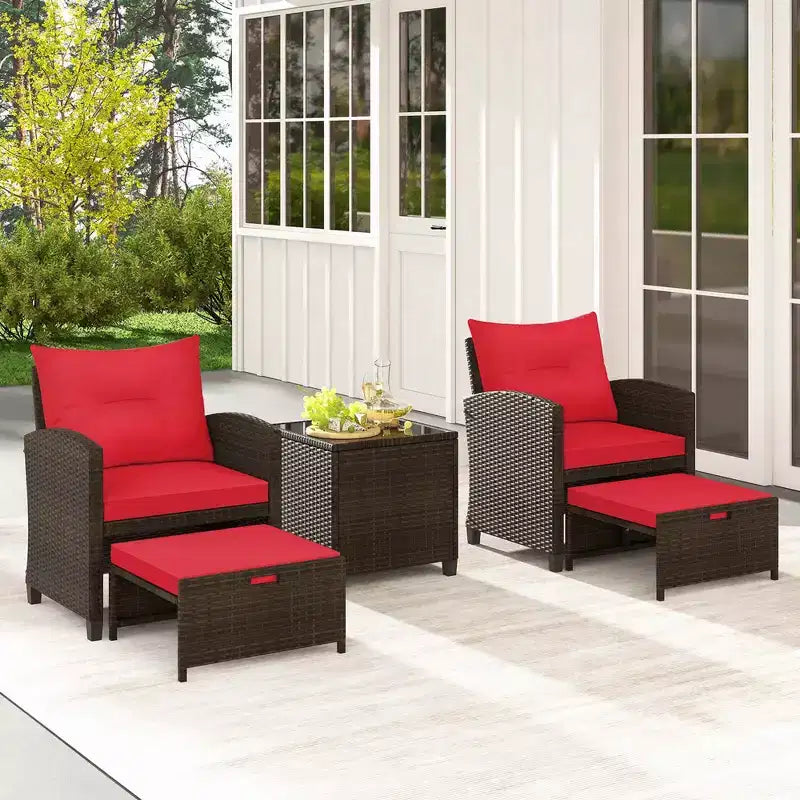 Costway Ensemble de Meubles de Patio en Rotin 5 Pièces avec 2 Ottomans et Table Basse en Verre Trempé Noir/Blanc Cassé/Bleu Marine/Rouge/Gris