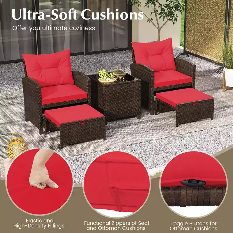 Costway Ensemble de Meubles de Patio en Rotin 5 Pièces avec 2 Ottomans et Table Basse en Verre Trempé Noir/Blanc Cassé/Bleu Marine/Rouge/Gris