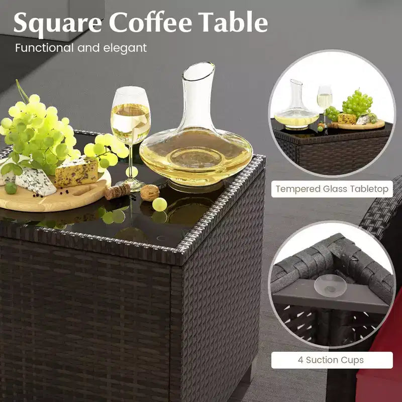 Costway Ensemble de Meubles de Patio en Rotin 5 Pièces avec 2 Ottomans et Table Basse en Verre Trempé Noir/Blanc Cassé/Bleu Marine/Rouge/Gris