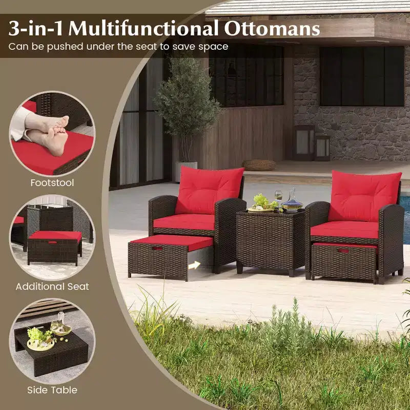 Costway Ensemble de Meubles de Patio en Rotin 5 Pièces avec 2 Ottomans et Table Basse en Verre Trempé Noir/Blanc Cassé/Bleu Marine/Rouge/Gris