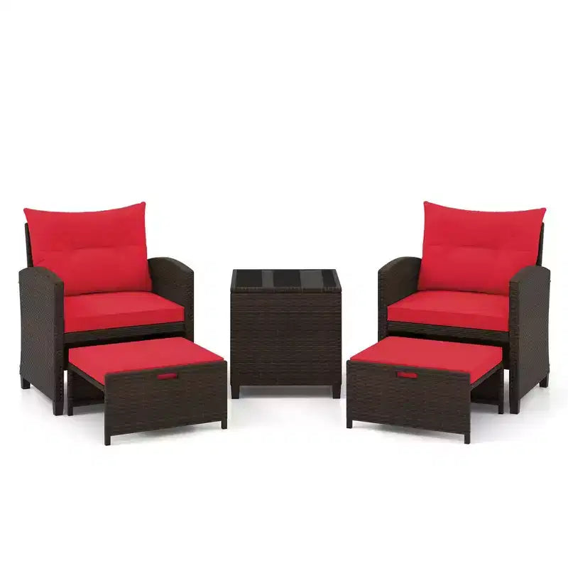 Costway Ensemble de Meubles de Patio en Rotin 5 Pièces avec 2 Ottomans et Table Basse en Verre Trempé Noir/Blanc Cassé/Bleu Marine/Rouge/Gris