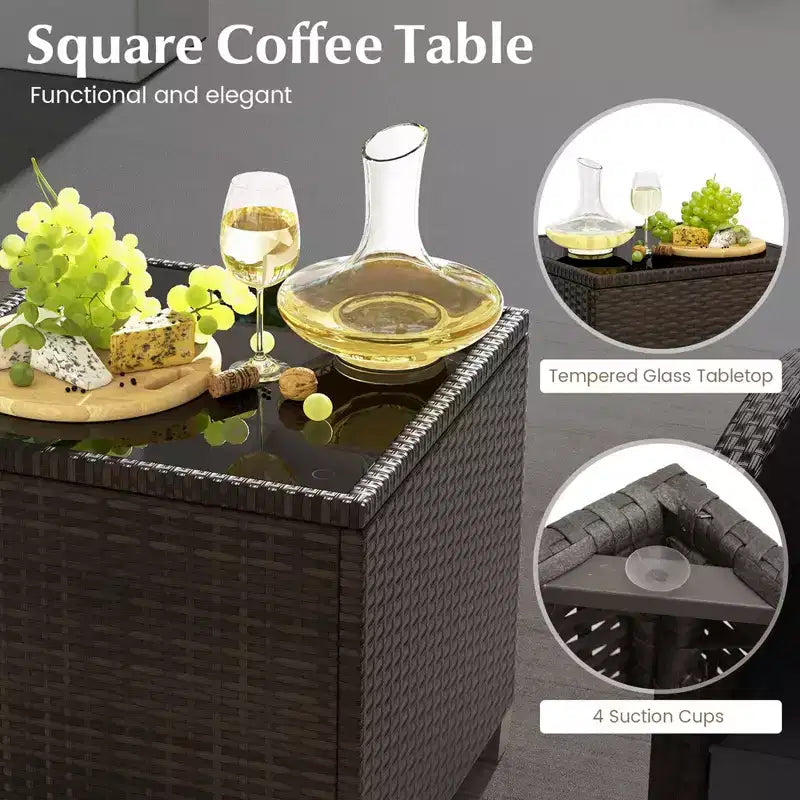 Costway Ensemble de Meubles de Patio en Rotin 5 Pièces avec 2 Ottomans et Table Basse en Verre Trempé Noir/Blanc Cassé/Bleu Marine/Rouge/Gris