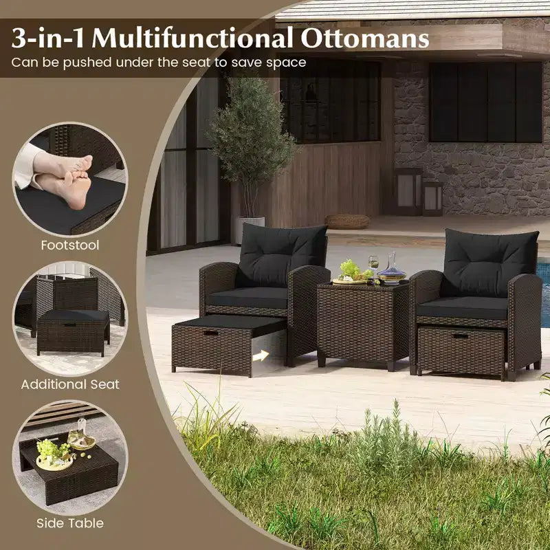 Costway Ensemble de Meubles de Patio en Rotin 5 Pièces avec 2 Ottomans et Table Basse en Verre Trempé Noir/Blanc Cassé/Bleu Marine/Rouge/Gris
