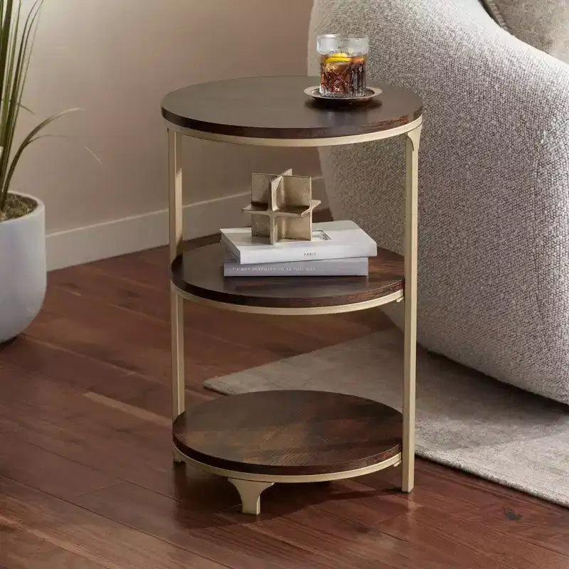 Farmhouse Round Accent Side Table, 15.25" Wide, 3-Shelf Brown Wood Top, Rustic Bronze Base