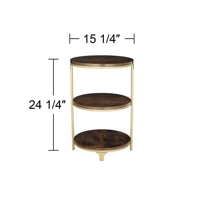 Farmhouse Round Accent Side Table, 15.25" Wide, 3-Shelf Brown Wood Top, Rustic Bronze Base