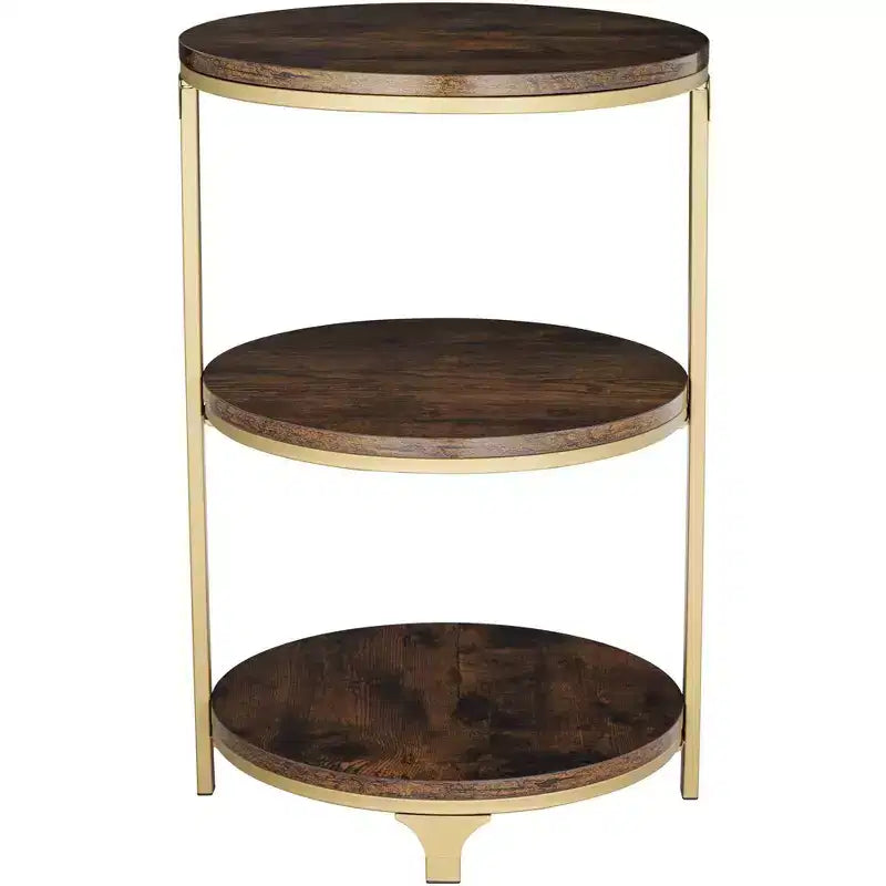 Farmhouse Round Accent Side Table, 15.25" Wide, 3-Shelf Brown Wood Top, Rustic Bronze Base