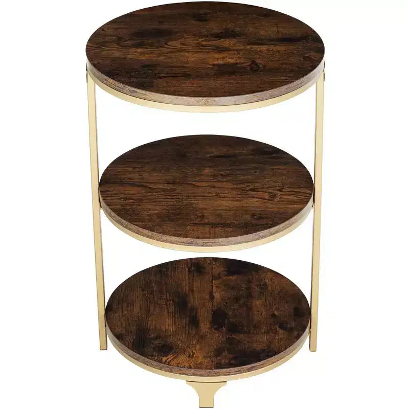 Farmhouse Round Accent Side Table, 15.25" Wide, 3-Shelf Brown Wood Top, Rustic Bronze Base
