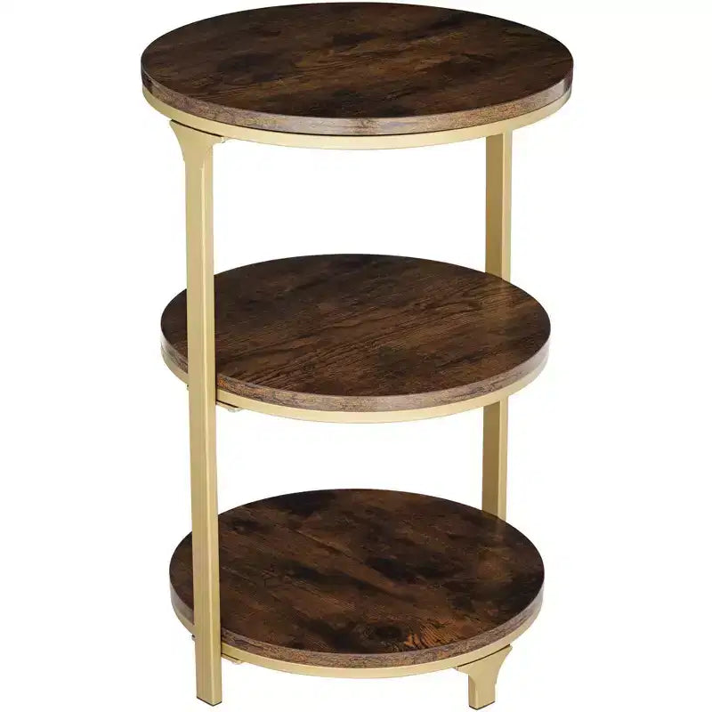 Farmhouse Round Accent Side Table, 15.25" Wide, 3-Shelf Brown Wood Top, Rustic Bronze Base