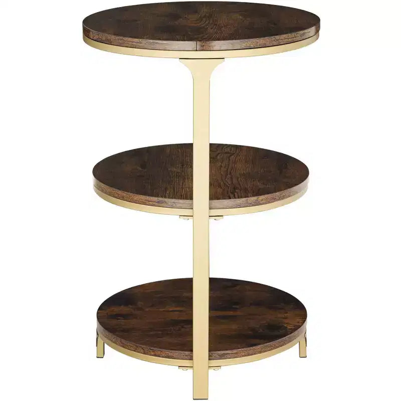 Farmhouse Round Accent Side Table, 15.25" Wide, 3-Shelf Brown Wood Top, Rustic Bronze Base