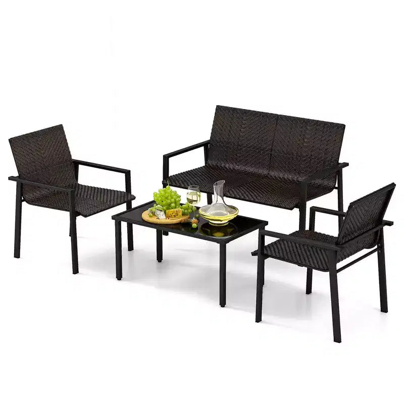 Costway Ensemble de Meubles de Jardin Extérieur 4 Pièces en Rotin avec Cadre en Métal Galvanisé Robuste Marron Mélangé/Noir