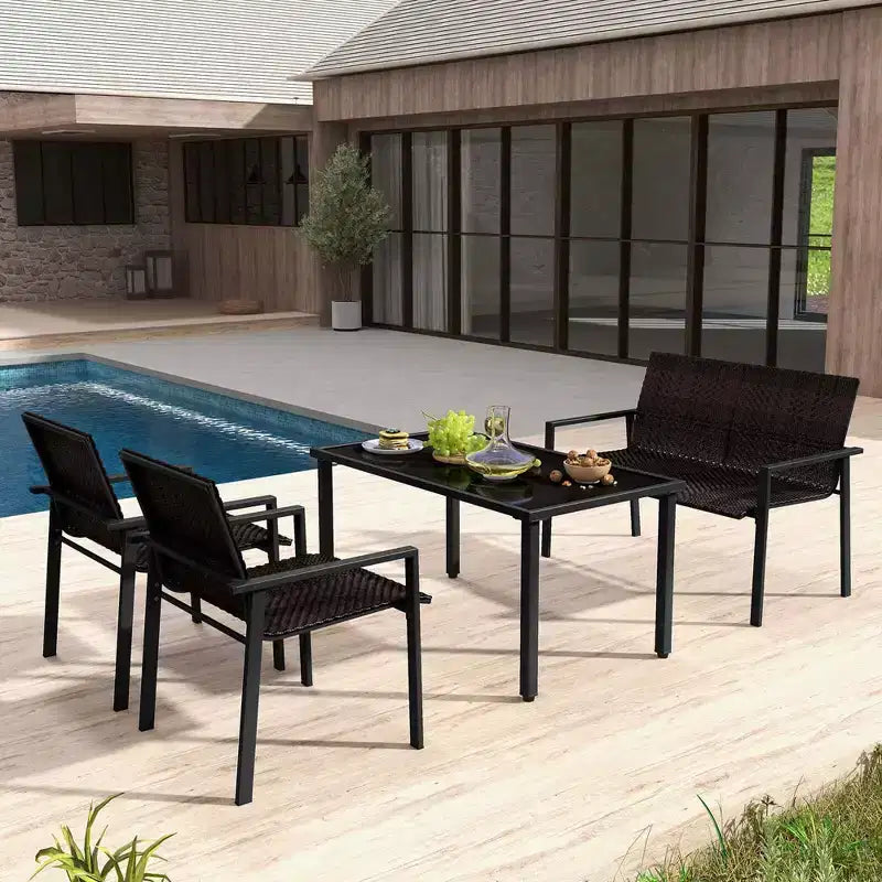 Costway Ensemble de Meubles de Jardin Extérieur 4 Pièces en Rotin avec Cadre en Métal Galvanisé Robuste Marron Mélangé/Noir