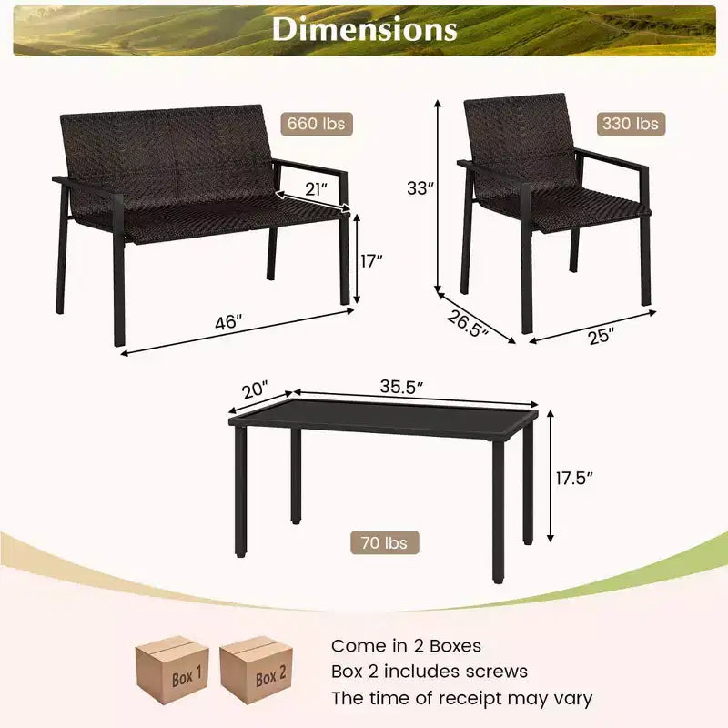 Costway Ensemble de Meubles de Jardin Extérieur 4 Pièces en Rotin avec Cadre en Métal Galvanisé Robuste Marron Mélangé/Noir