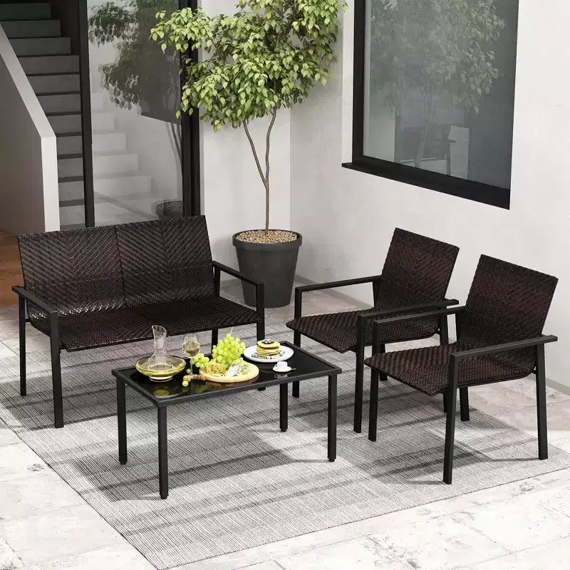 Costway Ensemble de Meubles de Jardin Extérieur 4 Pièces en Rotin avec Cadre en Métal Galvanisé Robuste Marron Mélangé/Noir