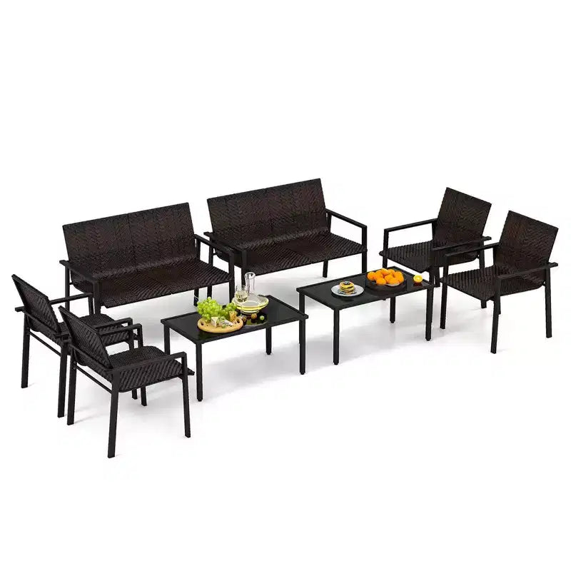 Costway Ensemble de Meubles de Jardin Extérieur 4 Pièces en Rotin avec Cadre en Métal Galvanisé Robuste Marron Mélangé/Noir
