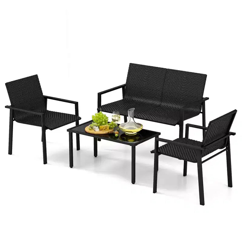 Costway Ensemble de Meubles de Jardin Extérieur 4 Pièces en Rotin avec Cadre en Métal Galvanisé Robuste Marron Mélangé/Noir