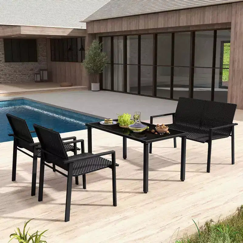 Costway Ensemble de Meubles de Jardin Extérieur 4 Pièces en Rotin avec Cadre en Métal Galvanisé Robuste Marron Mélangé/Noir