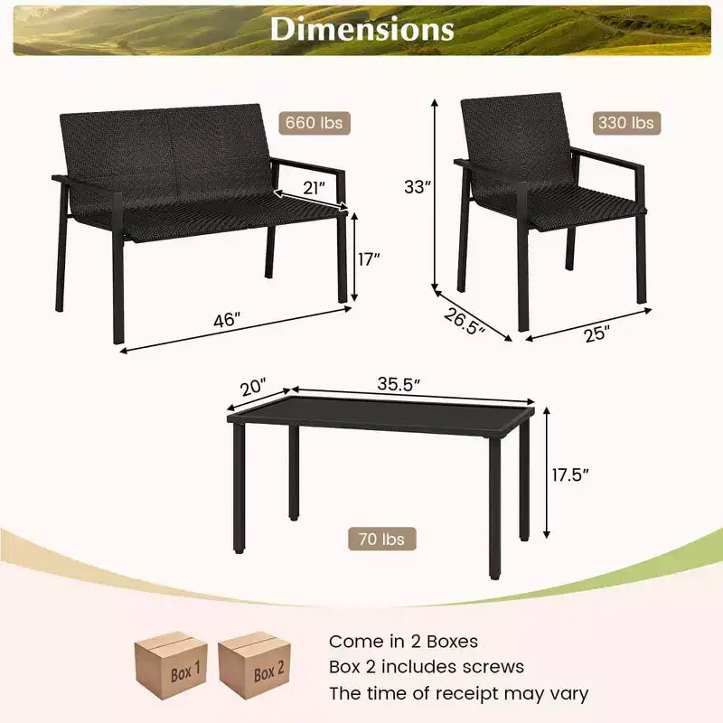 Costway Ensemble de Meubles de Jardin Extérieur 4 Pièces en Rotin avec Cadre en Métal Galvanisé Robuste Marron Mélangé/Noir