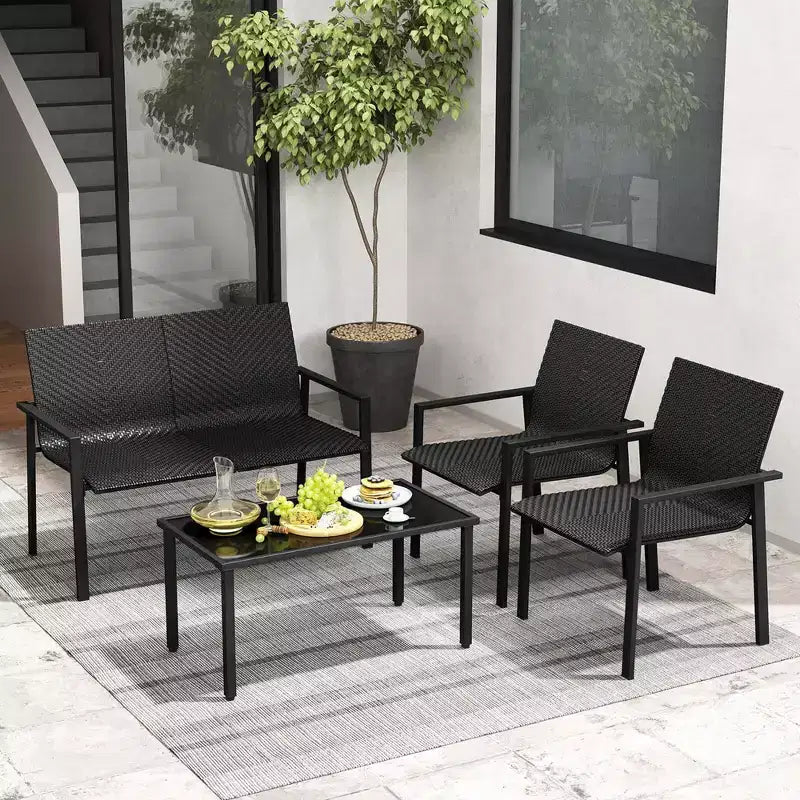 Costway Ensemble de Meubles de Jardin Extérieur 4 Pièces en Rotin avec Cadre en Métal Galvanisé Robuste Marron Mélangé/Noir