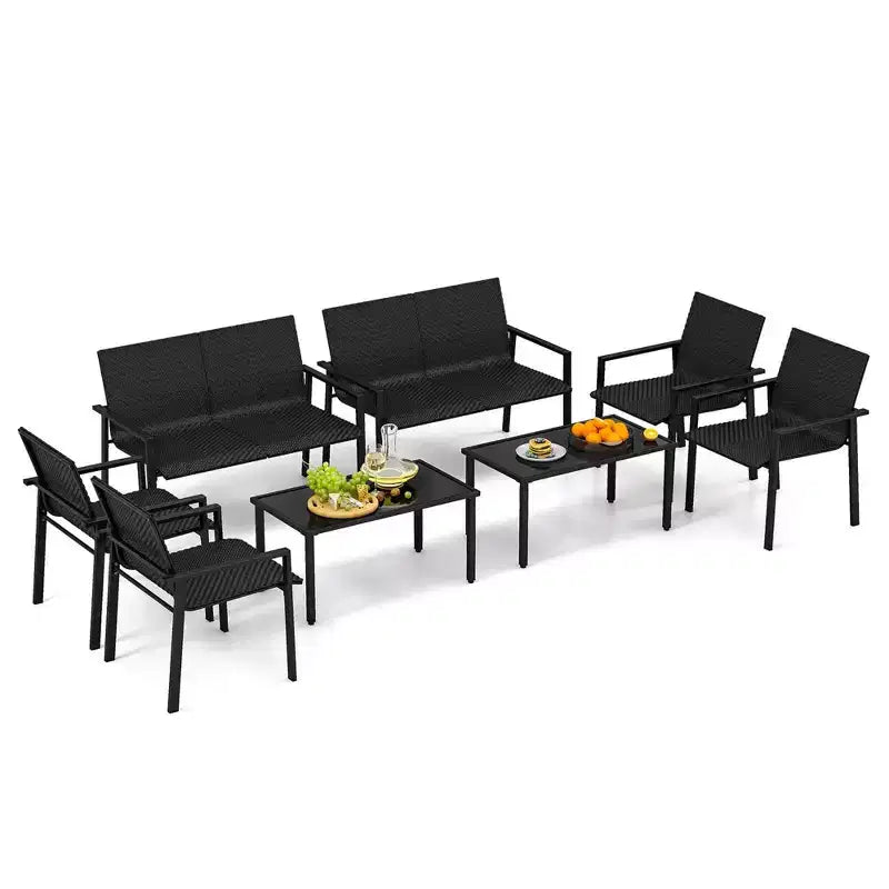 Costway Ensemble de Meubles de Jardin Extérieur 4 Pièces en Rotin avec Cadre en Métal Galvanisé Robuste Marron Mélangé/Noir