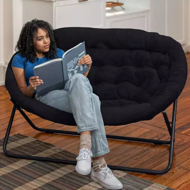Folding Upholstered Double Saucer Chair, Steel Frame, Portable for Dorm, Living Room or Bedroom