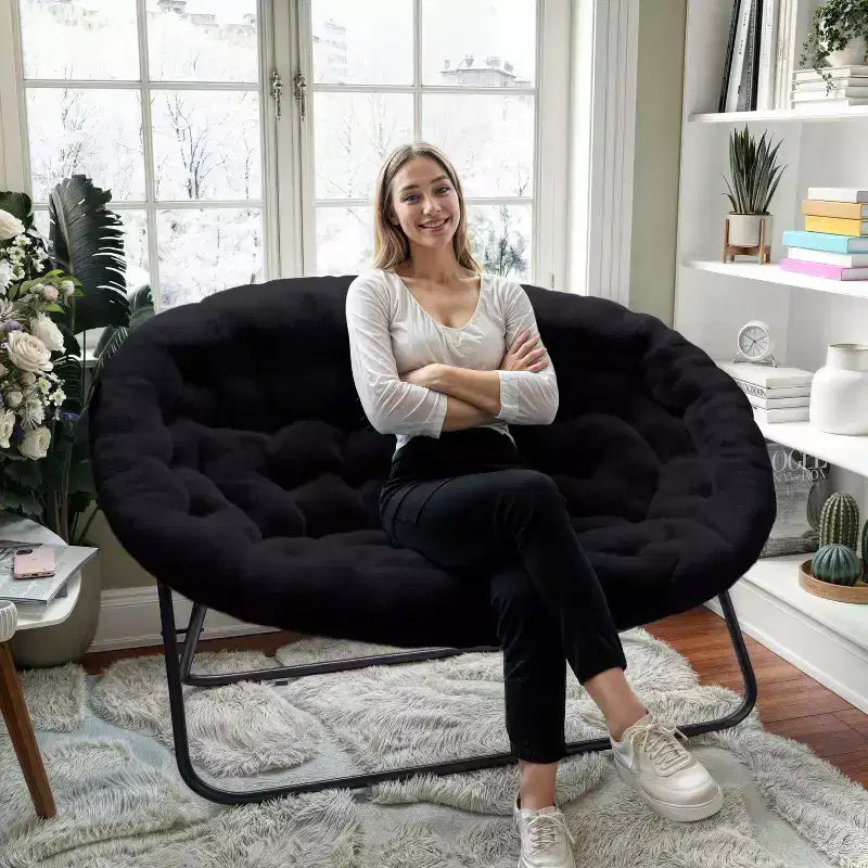 Folding Upholstered Double Saucer Chair, Steel Frame, Portable for Dorm, Living Room or Bedroom