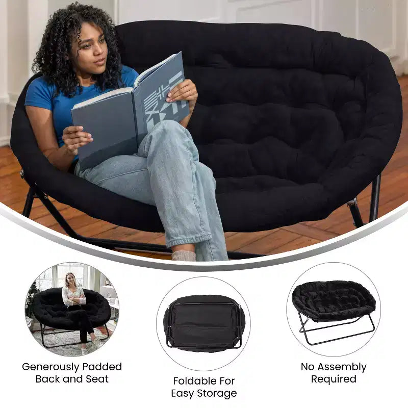 Folding Upholstered Double Saucer Chair, Steel Frame, Portable for Dorm, Living Room or Bedroom