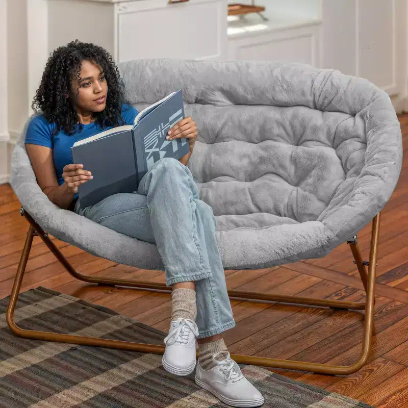 Folding Upholstered Double Saucer Chair, Steel Frame, Portable for Dorm, Living Room or Bedroom