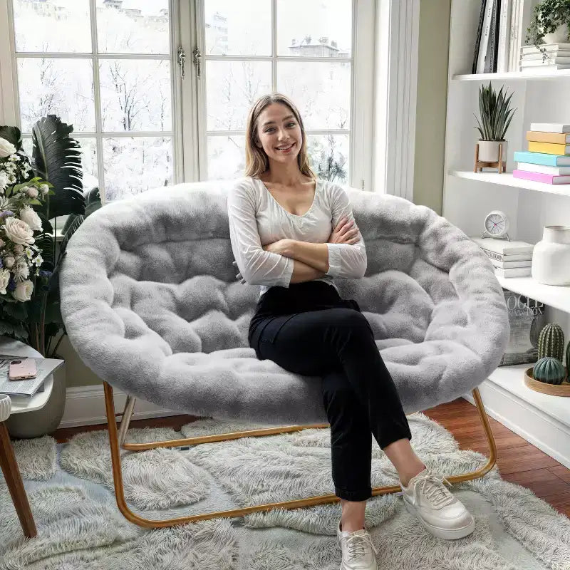 Folding Upholstered Double Saucer Chair, Steel Frame, Portable for Dorm, Living Room or Bedroom