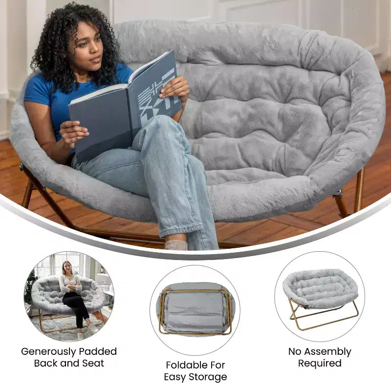 Folding Upholstered Double Saucer Chair, Steel Frame, Portable for Dorm, Living Room or Bedroom