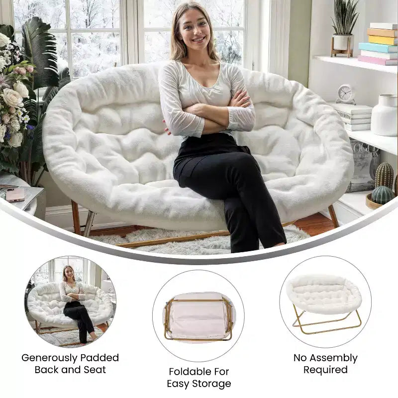 Folding Upholstered Double Saucer Chair, Steel Frame, Portable for Dorm, Living Room or Bedroom