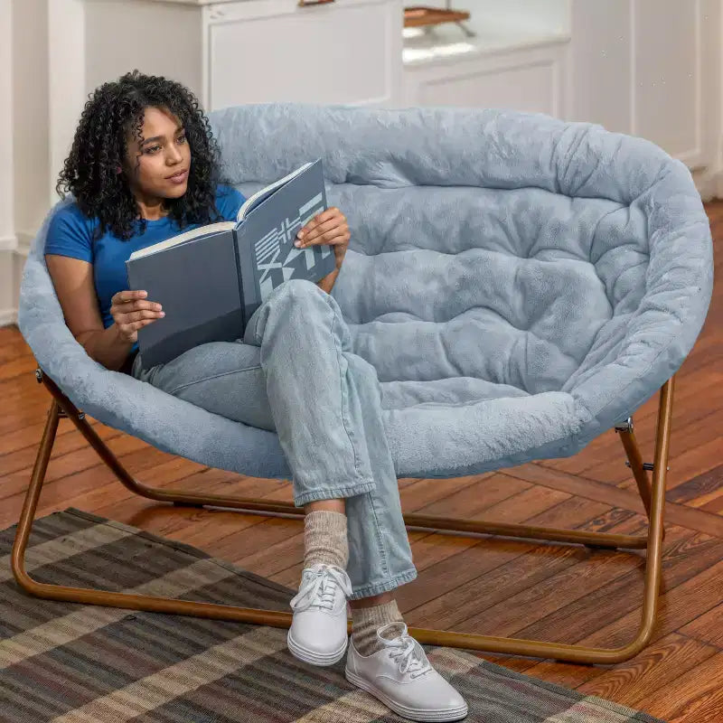 Folding Upholstered Double Saucer Chair, Steel Frame, Portable for Dorm, Living Room or Bedroom