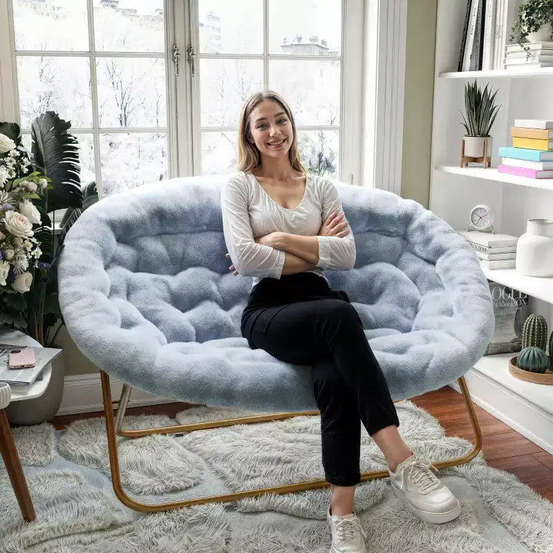 Folding Upholstered Double Saucer Chair, Steel Frame, Portable for Dorm, Living Room or Bedroom