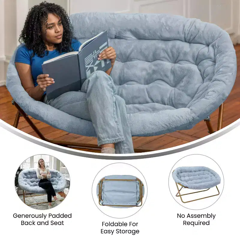 Folding Upholstered Double Saucer Chair, Steel Frame, Portable for Dorm, Living Room or Bedroom