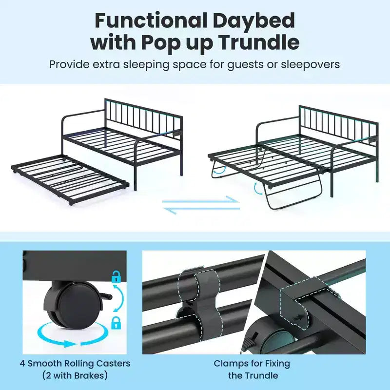 Twin Daybed Adjustable Sofa Bed Frame with Charging Station & LED Lights, Multi-Function