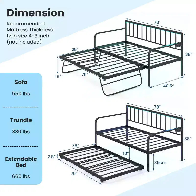 Twin Daybed Adjustable Sofa Bed Frame with Charging Station & LED Lights, Multi-Function